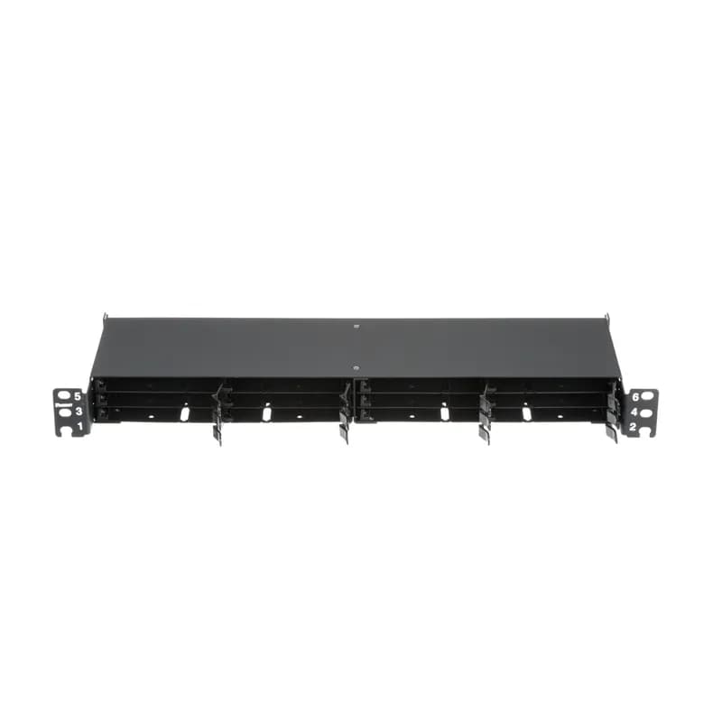 The HD Flex Fiber Panel is 1 RU and accepts up to twelve 6 port HD Flex cassettes or Fiber Adapter Panels for a maximum density of 144 fibers.