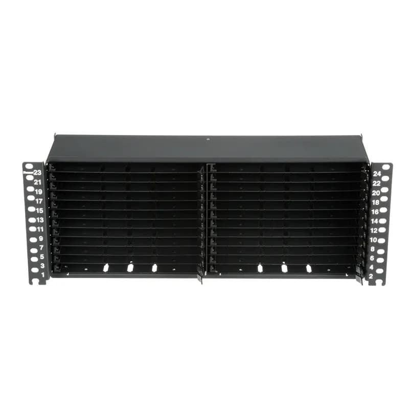 The HD Flex Fiber Panel is 4 RU and accepts up to 24 12-port HD Flex cassettes or Fiber Adapter Panels for a maximum density of 576 fibers.