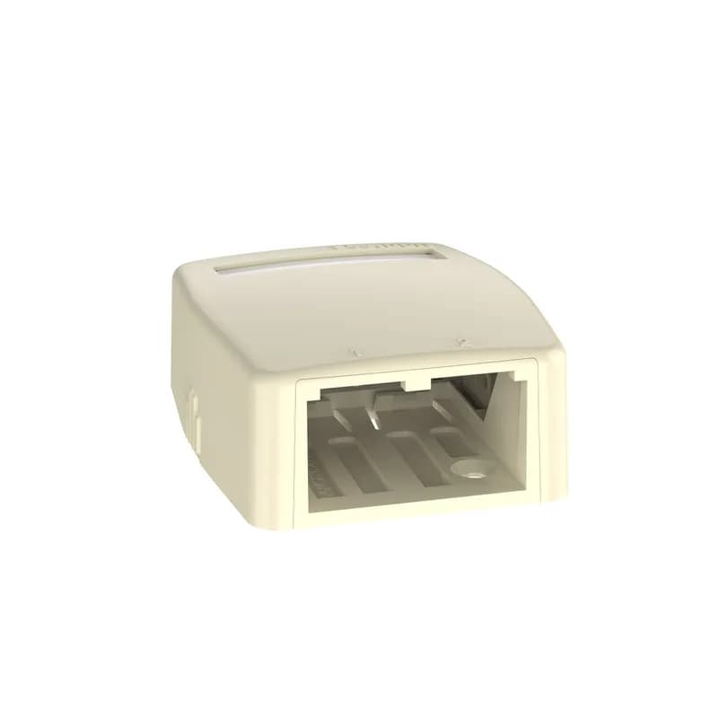 The Mini-Com Surface Mount Box is plenum rated and accepts two Mini-Com Modules. Cover has a quick release mechanism that allows easy access to the modules; cover can be secured with a screw. The box offers a variety of mounting options using adhesive tape, screws, or optional magnet. The box includes a label pocket for easy identification and is electric ivory.
