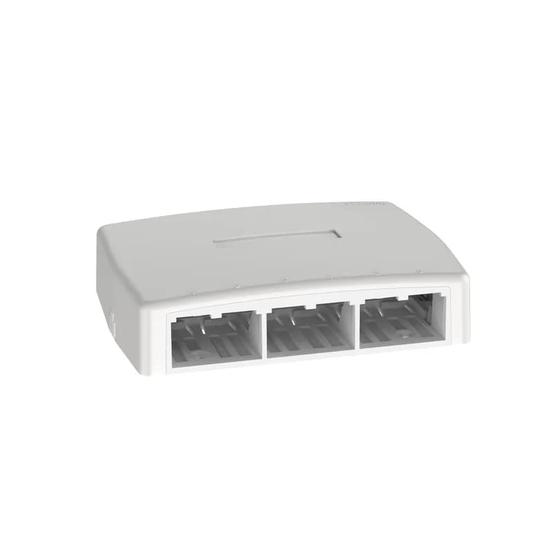 The Mini-Com Surface Mount Box is plenum rated and accepts six Mini-Com Modules. Cover has a quick release mechanism that allows easy access to the modules; cover can be secured with a screw. The box offers a variety of mounting options using adhesive tape, screws, or optional magnet. The box includes a label pocket for easy identification and is off white.
