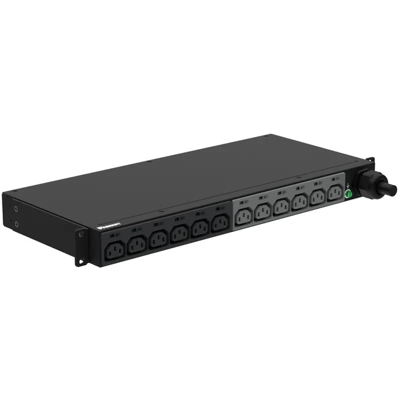 This Panduit G5 Basic PDU features (12) C13 outlets. It is a 30 amp, 208 V, single phase PDU with a NEMA L6-30P input plug and a 10 foot (3m) power cord. The PDU is black.