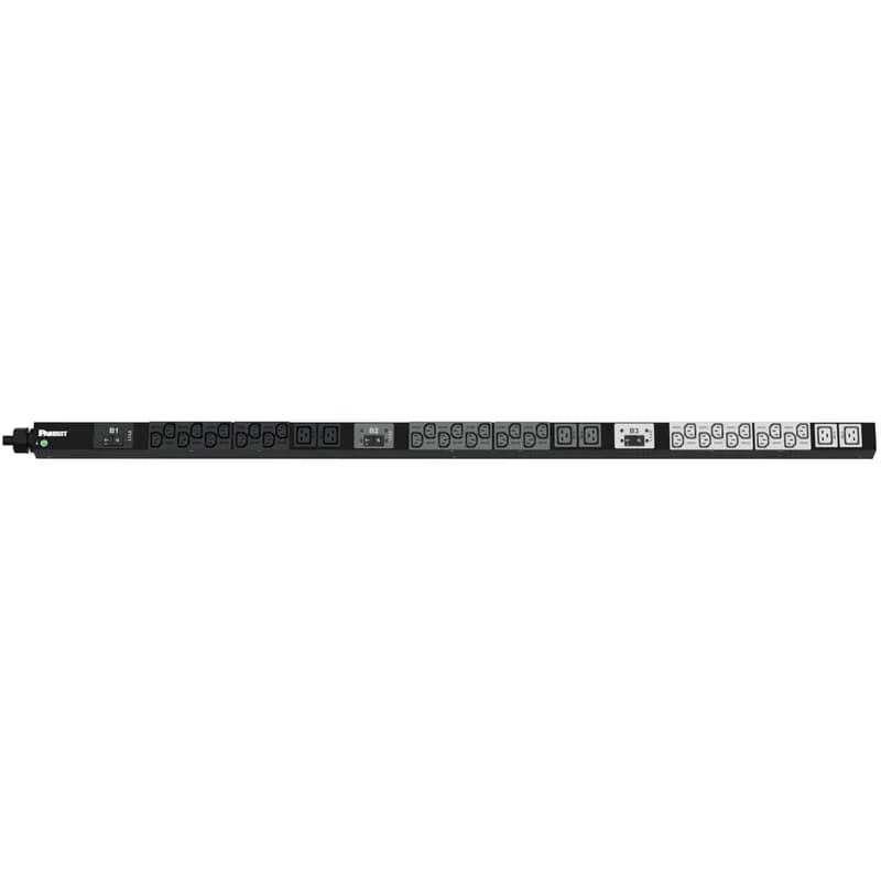 This Panduit G5 Basic PDU features (30) C13 and (6) C19 outlets. It is a 50 amp, 208 V, single phase PDU with a CS8265C input plug and a 10 foot (3m) power cord. The PDU is black.