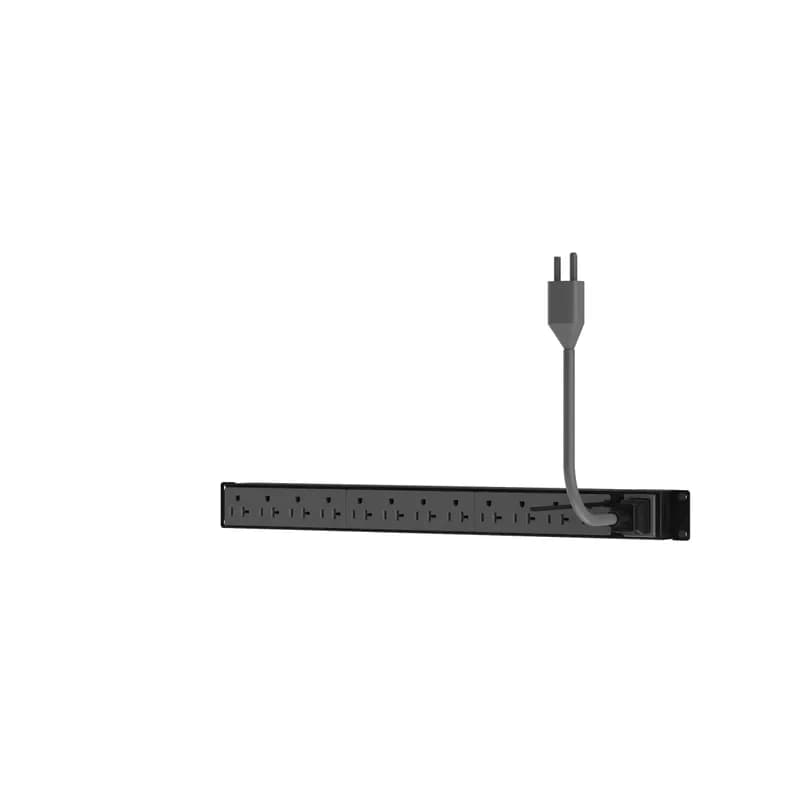 This Panduit G5 Basic PDU features (12) 5-20R outlets. It is a 15 amp, 120 V, single phase PDU with a NEMA 5-15P input plug and a 10 foot (3m) power cord. The PDU is black.