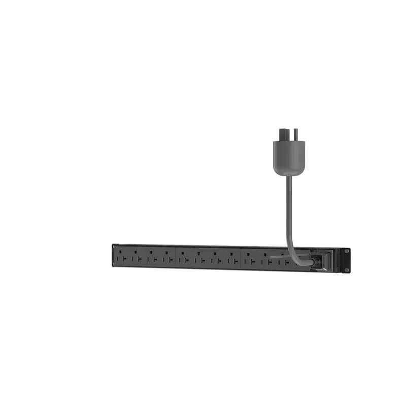 This Panduit G5 Basic PDU features (12) 5-20R outlets. It is a 20 amp, 120 V, single phase PDU with a NEMA 5-20P input plug and a 10 foot (3m) power cord. The PDU is black.