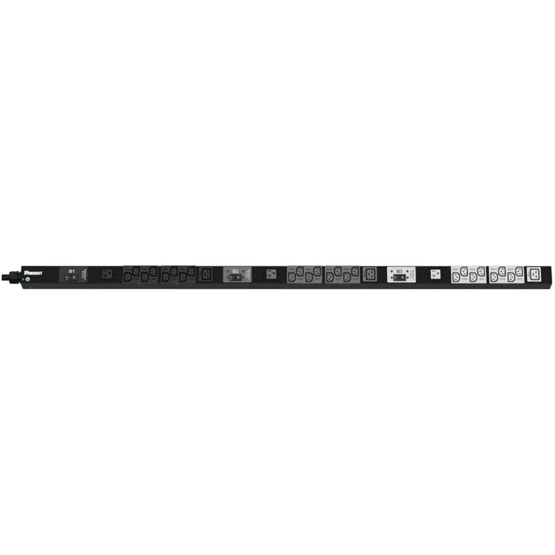 This Panduit G5 Basic PDU features (24) C13, (3) C19 and (3) 5-20R outlets. It is a 30 amp, 208 V, three phase PDU with a NEMA L21-30P input plug and a 10 foot (3m) power cord. The PDU is black.