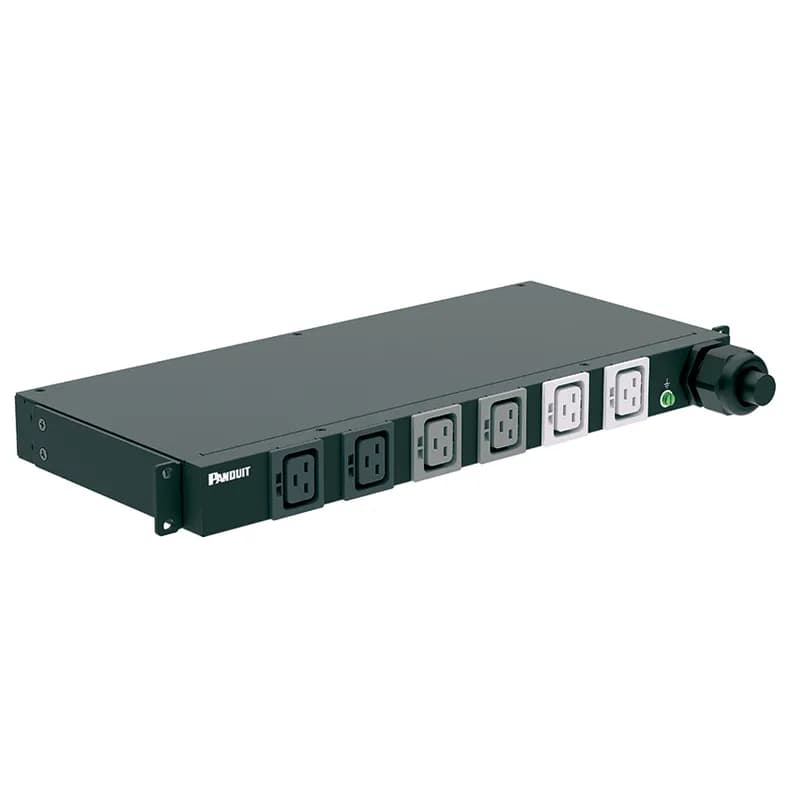 This Panduit G5 Basic PDU features (6) C19 outlets. It is a 50 amp, 208 V, single phase PDU with a CS8265C input plug and a 10 foot (3m) power cord. The PDU is black.