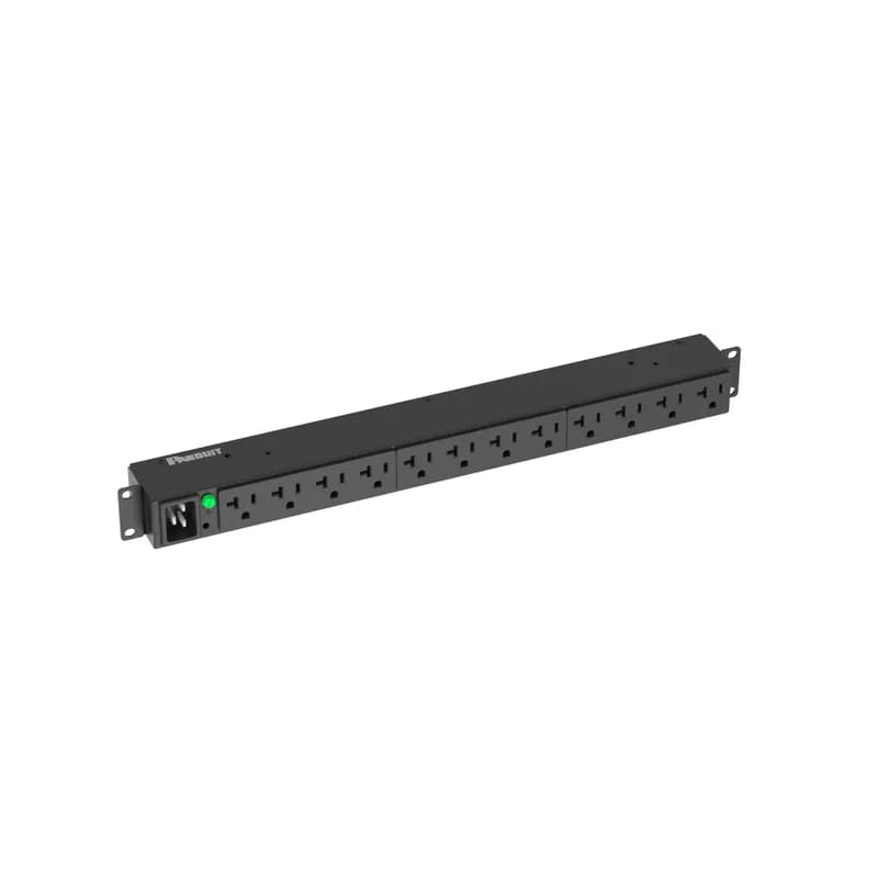 This Panduit G5 Basic PDU features (12) 5-20R outlets. It is a 20 amp, 120 V, single phase PDU with a NEMA L5-20P input plug and a 10 foot (3m) power cord. The PDU is black.
