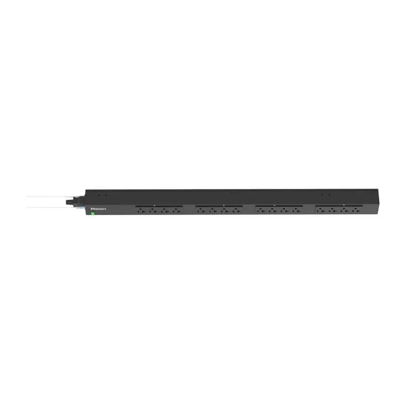 This Panduit G5 Basic PDU features (16) 5-20R outlets. It is a 15 amp, 120 V, single phase PDU with a NEMA 5-15P input plug and a 10 foot (3m) power cord. The PDU is black.