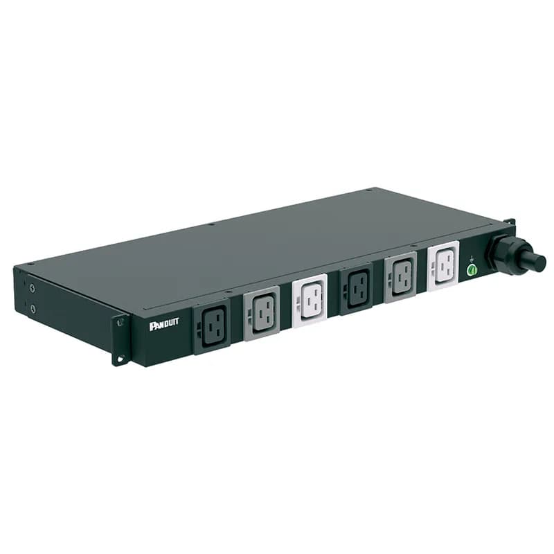 This Panduit G5 Basic PDU features (6) C19 outlets. It is a 30 amp, 208 V, three phase PDU with a NEMA L21-30P input plug and a 10 foot (3m) power cord. The PDU is black.
