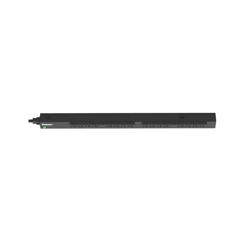 This Panduit G5 Basic PDU features (16) 5-20R outlets. It is a 20 amp, 120 V, single phase PDU with a NEMA 5-20P input plug and a 10 foot (3m) power cord. The PDU is black.