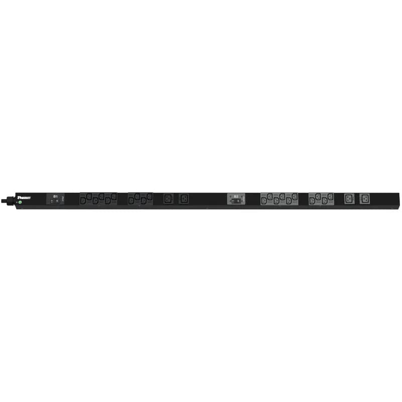 This Panduit G5 Basic PDU features (20) C13 and (4) C19 outlets. It is a 30 amp, 208 V, single phase PDU with a NEMA L6-30P input plug and a 10 foot (3m) power cord. The PDU is black.
