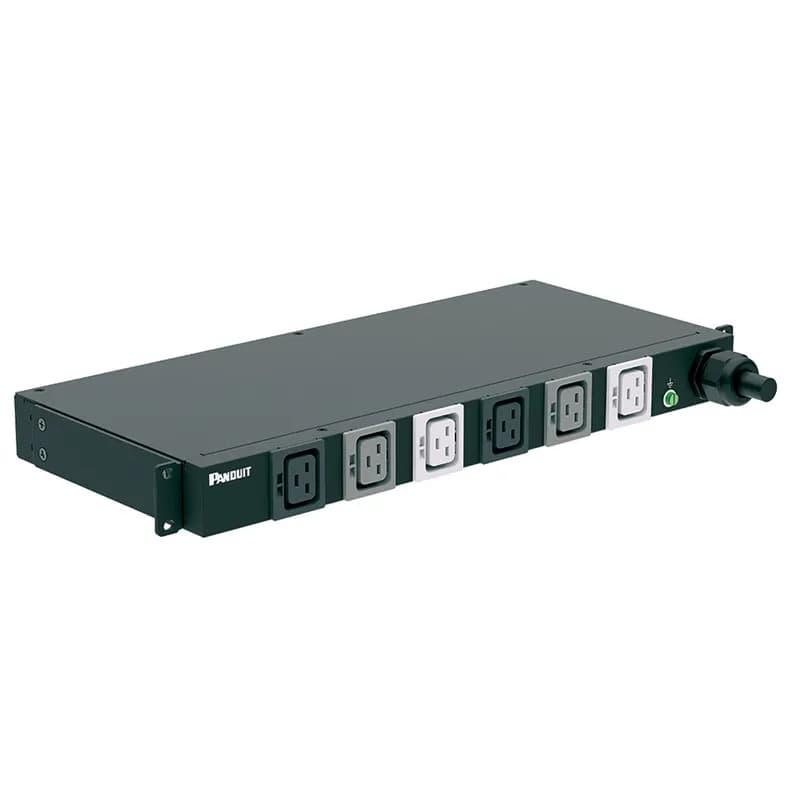This Panduit G5 Basic PDU features (6) C19 outlets. It is a 30 amp, 208 V, three phase PDU with a NEMA L15-30P input plug and a 10 foot (3m) power cord. The PDU is black.