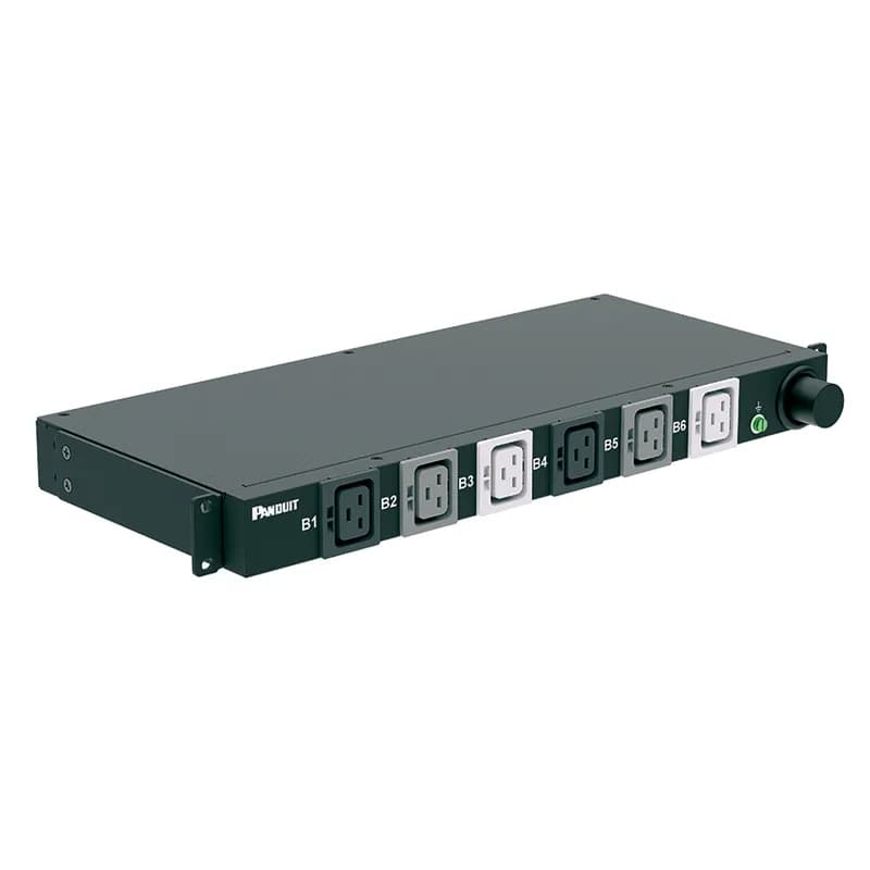 This Panduit G5 Basic PDU features (6) C19 outlets. It is a 60 amp, 208 V, three phase PDU with an IEC 60309 3P+E 9h 60A (IP44) input plug and a 10 foot (3m) power cord. The PDU is black.