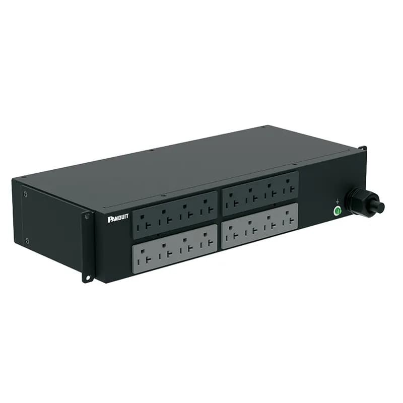 This Panduit G5 Basic PDU features (16) 5-20R outlets. It is a 30 amp, 120 V, single phase PDU with a NEMA L5-30P input plug and a 10 foot (3m) power cord. The PDU is black.