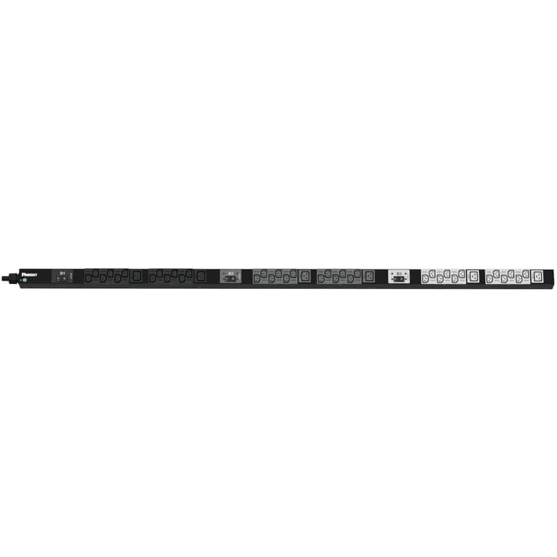This Panduit G5 Basic PDU features (36) C13 and (6) C19 outlets. It is a 30 amp, 208 V, three phase PDU with a NEMA L15-30P input plug and a 10 foot (3m) power cord. The PDU is black.