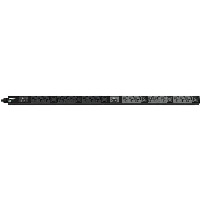 This Panduit G5 Basic PDU features (36) C13 and (6) C19 outlets. It is a 30 amp, 208 V, single phase PDU with a NEMA L6-30P input plug and a 10 foot (3m) power cord. The PDU is black.