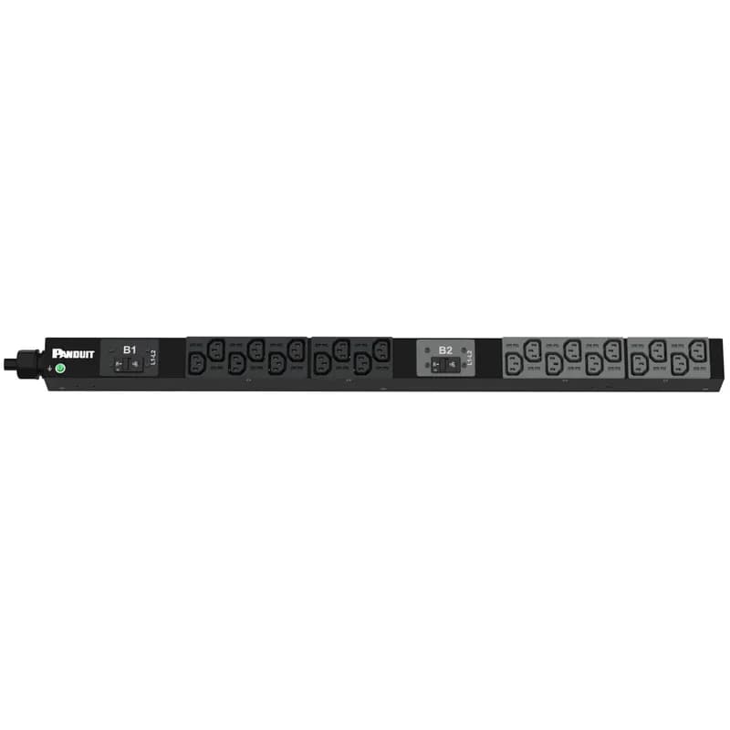 This Panduit G5 Basic PDU features (20) C13 outlets. It is a 30 amp, 208 V, single phase PDU with a NEMA L6-30P input plug and a 10 foot (3m) power cord. The PDU is black.