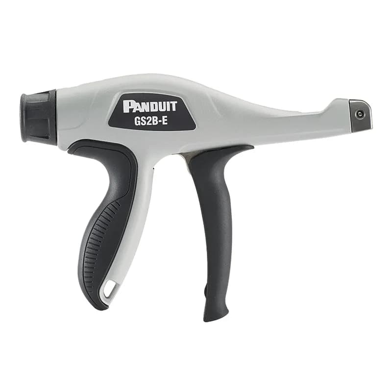 Panduit offers the most preferred hand-operated tools in the industry. The GS2B-E Ergonomic Cable Tie Hand Tool is easy to operate and has tool-controlled tension that provides a flush cut-off and speeds up installation to lower installed cost. Promotes worker safety, reduces downtime, and increases productivity. For Subminiature, Miniature, Intermediate, and Standard Cross Section Cable Ties. Black trigger handle and selector knob with light gray metal housing. Weight, 13.55 ounces (385 grams).