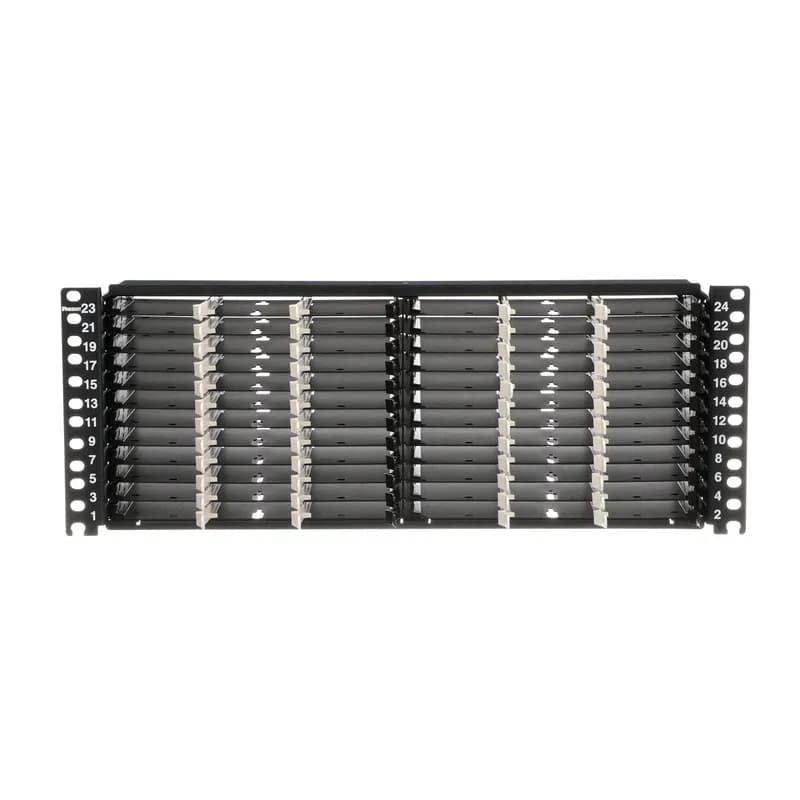 The HD Flex Fiber Panel is 4 RU and accepts up to 72 4-port HD Flex cassettes or Fiber Adapter Panels for a maximum density of 576 fibers.