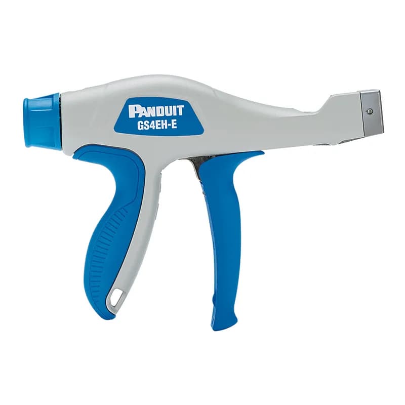 Panduit offers the most preferred hand-operated tools in the industry. The GS4H-E Ergonomic Cable Tie Hand Tool is easy to operate and has tool-controlled tension that provides a flush cut-off and speeds up installation to lower installed cost. Promotes worker safety, reduces downtime, and increases productivity. For Light-Heavy, Heavy and Extra-Heavy Cross Section Cable Ties. Blue trigger handle and selector knob with light gray metal housing. Weight, 16 ounces (454 grams).