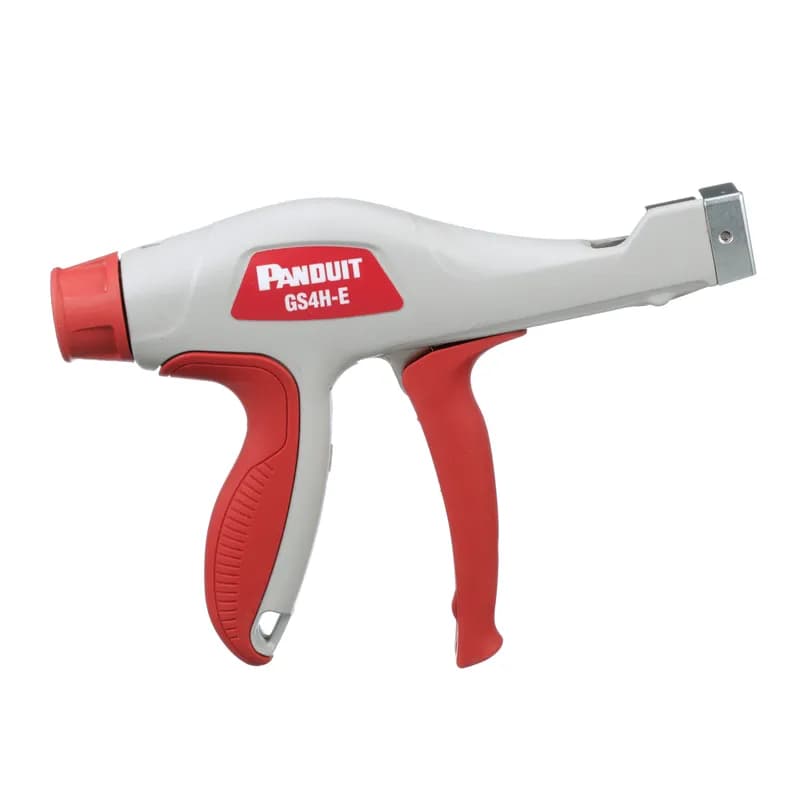 Panduit GS4H-E - Panduit offers the most preferred hand-operated tools in the industry. The GS4H-E Ergonomic Cable Tie Hand Tool is easy to operate and has tool-controlled tension that provides a flush cut-off and speeds up installation to lower installed cost. Promotes worker safety, reduces downtime, and increases productivity. For Standard. Heavy-Standard, Light-Heavy, and Heavy Cross Section Cable Ties. Red trigger handle and selector knob with light gray metal housing. Weight, 16 ounces (454 grams).