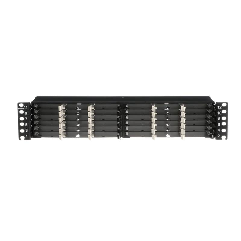 The HD Flex Fiber Panel is 2 RU and accepts up to 36 4-port HD Flex cassettes or Fiber Adapter Panels for a maximum density of 288 fibers.