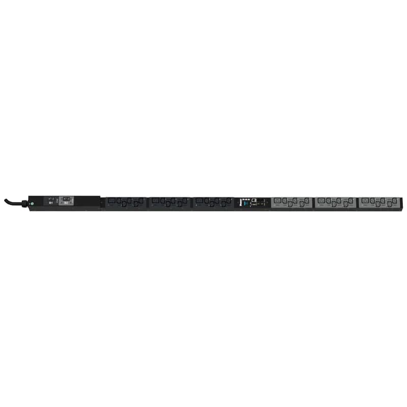 This Panduit G5 Monitored Per Outlet PDU features (30) C13 and (6) C19 outlets. It is a 30 amp, 208 V, single phase PDU with a NEMA L6-30P input plug and a 10 foot (3m) power cord.