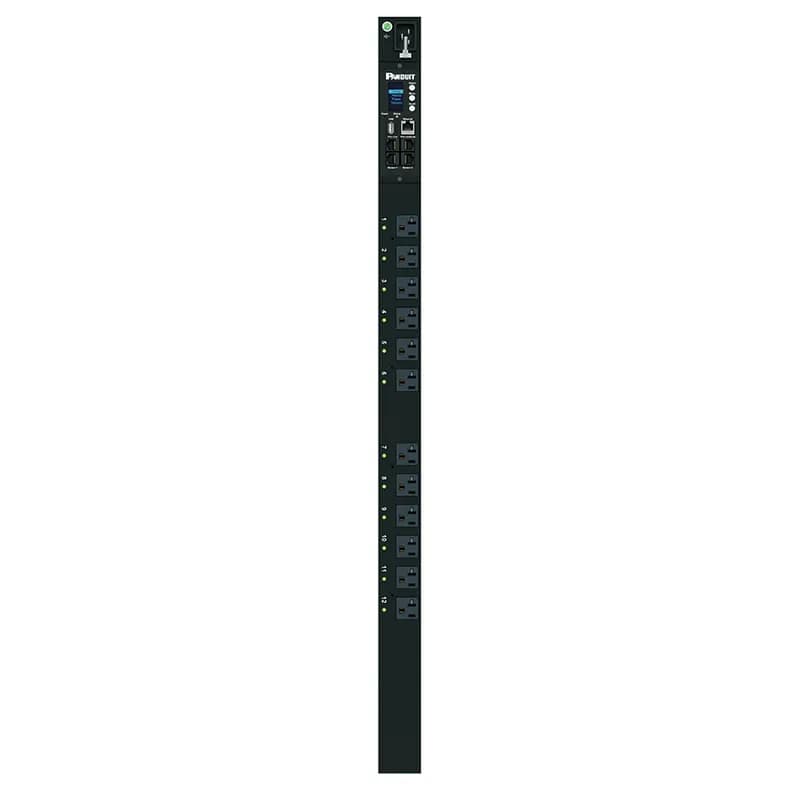 This Panduit G5 Monitored Switched PDU features (12) 5-20R outlets. It is a 15 amp, 120 V, single phase PDU with a NEMA 5-15P input plug and a 10 foot (3m) power cord.