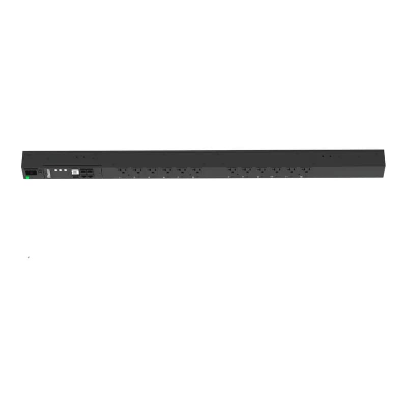 This Panduit G5 Monitored Switched PDU features (12) 5-20R outlets. It is a 20 amp, 120 V, single phase PDU with a NEMA 5-20P input plug and a 10 foot (3m) power cord.