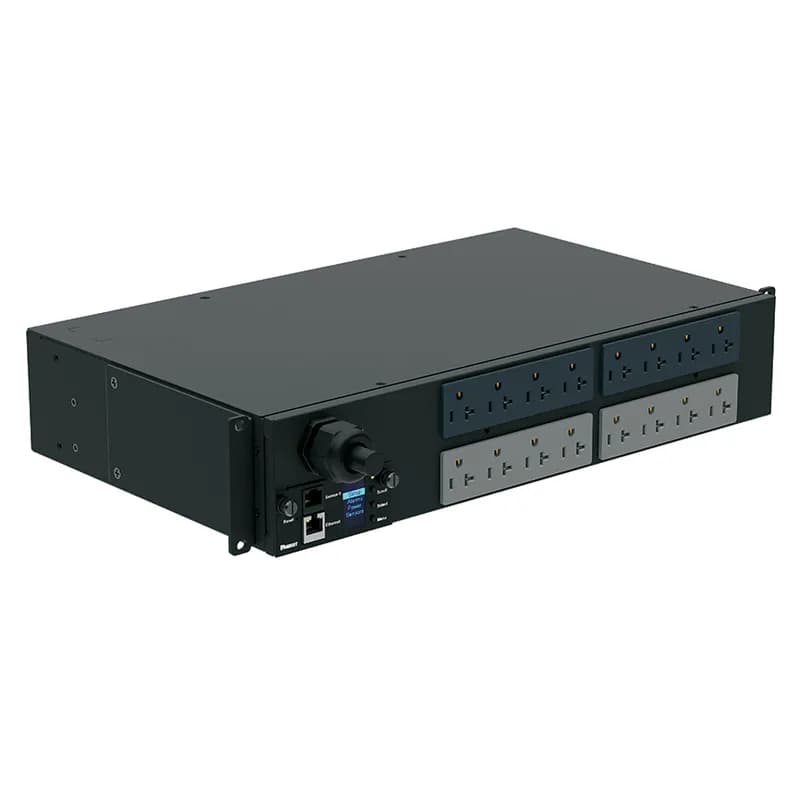 This Panduit G5 Monitored Input PDU features (16) 5-20R outlets. It is a 30 amp, 120 V, single phase PDU with a NEMA L5-30P input plug and a 10 foot (3m) power cord.