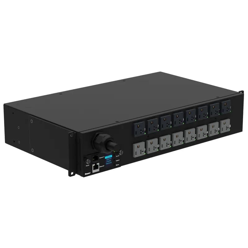 This Panduit G5 Monitored Switched PDU features (16) 5-20R outlets. It is a 30 amp, 120 V, single phase PDU with a NEMA L5-30P input plug and a 10 foot (3m) power cord.
