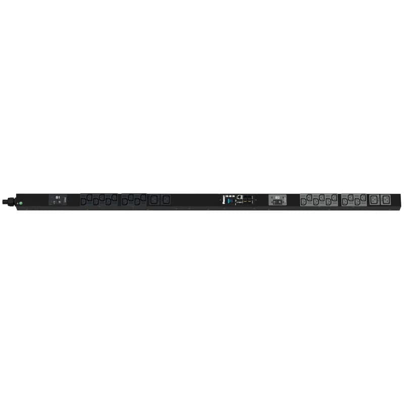This Panduit G5 Monitored Input PDU features (20) C13 and (4) C19 outlets. It is a 30 amp, 208 V, single phase PDU with a NEMA L6-30P input plug and a 10 foot (3m) power cord.