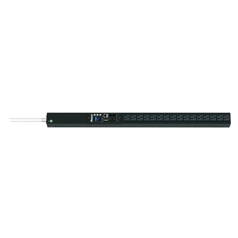 This Panduit G5 Monitored Input PDU features (16) 5-20R outlets. It is a 20 amp, 120 V, single phase PDU with a NEMA 5-20P input plug and a 10 foot (3m) power cord.