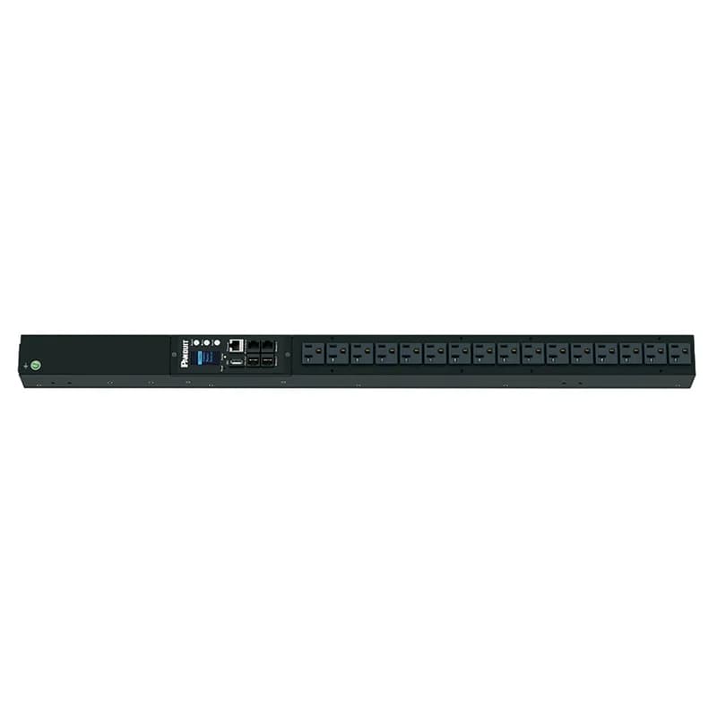 This Panduit G5 Monitored Input PDU features (16) 5-20R outlets. It is a 15 amp, 120 V, single phase PDU with a NEMA 5-15P input plug and a 10 foot (3m) power cord.
