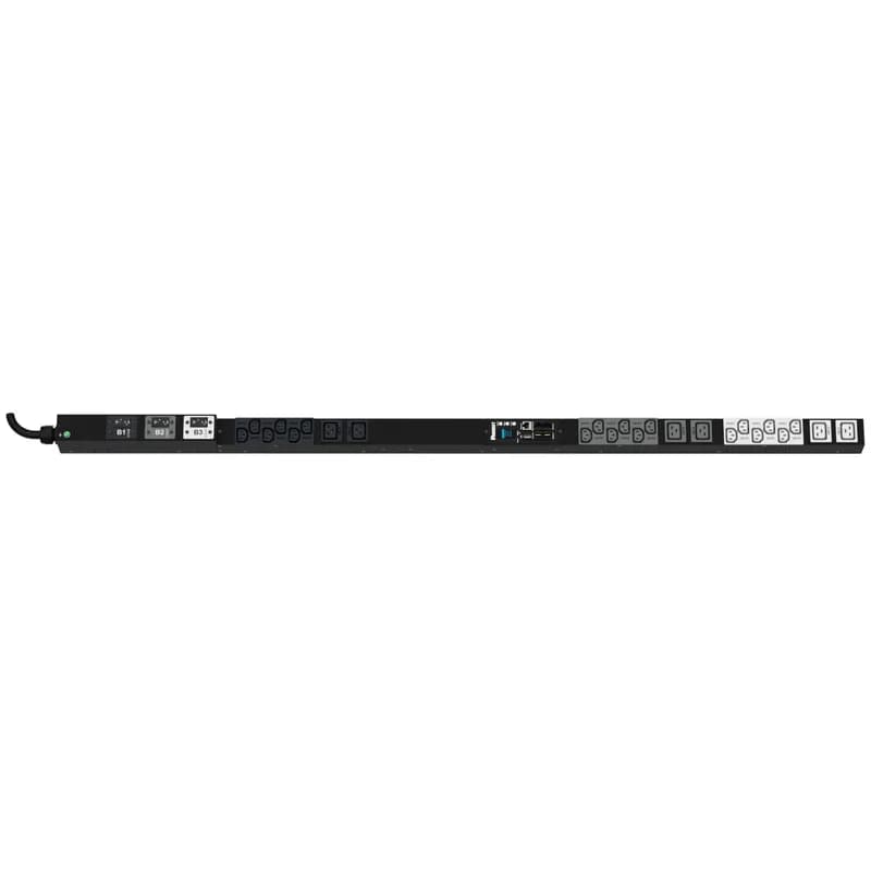 This Panduit G5 Monitored Input PDU features (18) C13 and (6) C19 outlets. It is a 30 amp, 208 V, three phase PDU with a NEMA L15-30P input plug and a 10 foot (3m) power cord.