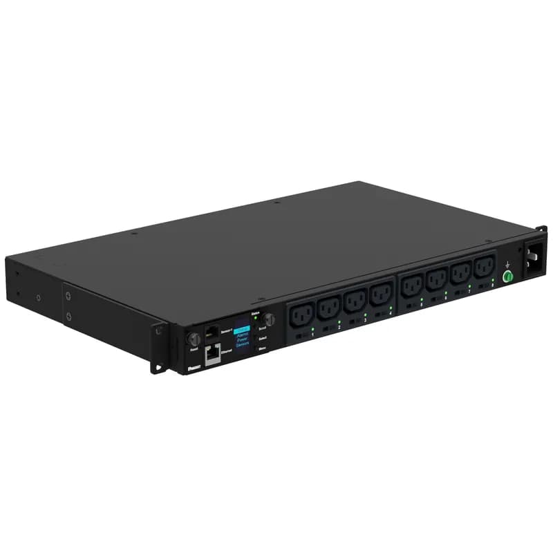 This Panduit G5 Monitored Switched PDU features (8) C13 outlets. It is a 20 amp, 208 V, single phase PDU with a NEMA L6-20P input plug and a 10 foot (3m) power cord.