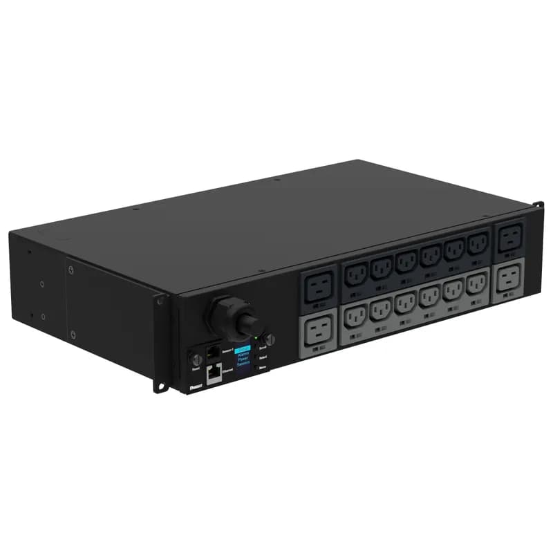 This Panduit G5 Monitored Input PDU features (12) C13 and (4) C19 outlets. It is a 30 amp, 208 V, single phase PDU with a NEMA L6-30P input plug and a 10 foot (3m) power cord.