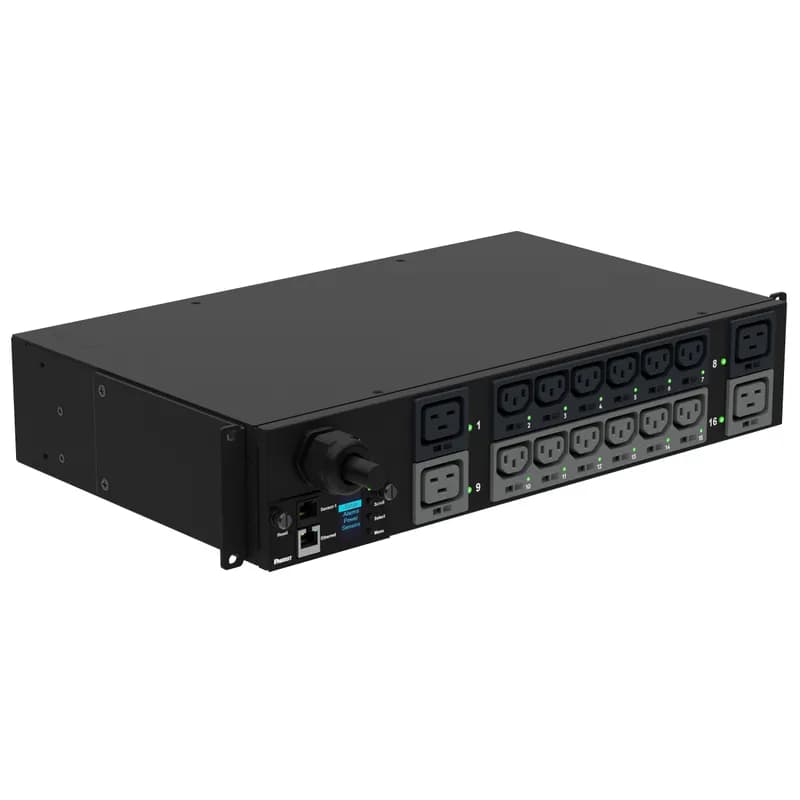 This Panduit G5 Monitored Switched PDU features (12) C13 and (4) C19 outlets. It is a 30 amp, 208 V, single phase PDU with a NEMA L6-30P input plug and a 10 foot (3m) power cord.
