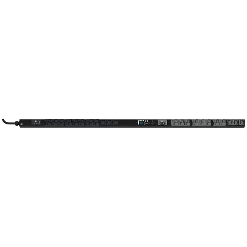 This Panduit G5 Monitored Input PDU features (32) C13 and (6) C19 outlets. It is a 30 amp, 208 V, single phase PDU with a NEMA L6-30P input plug and a 10 foot (3m) power cord.
