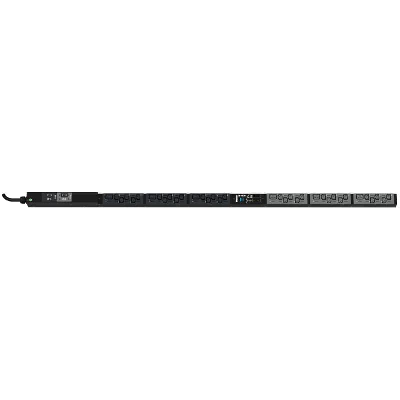 This Panduit G5 Monitored & Switched per Outlet PDU features (30) C13 and (6) C19 outlets. It is a 30 amp, 208 V, single phase PDU with a NEMA L6-30P input plug and a 10 foot (3m) power cord.