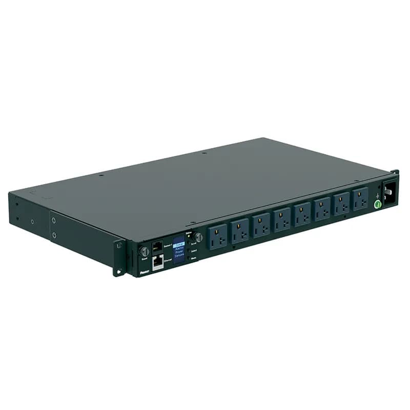This Panduit G5 Monitored Input PDU features (8) 5-20R outlets. It is a 20 amp, 120 V, single phase PDU with a NEMA 5-20P input plug and a 10 foot (3m) power cord.