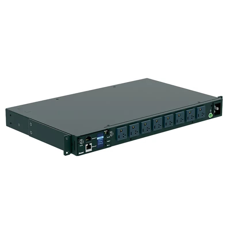 This Panduit G5 Monitored Input PDU features (8) 5-20R outlets. It is a 20 amp, 120 V, single phase PDU with a NEMA L5-20P input plug and a 10 foot (3m) power cord.