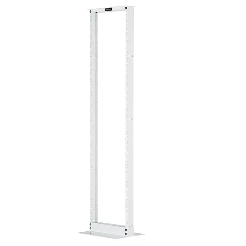 The 2-Post rack provides a reliable foundation for mounting telecommunications and data center equipment. The 84 inch tall rack accepts 19-inch wide equipment with mounting rails that have #12-24 EIA universal mounting hole spacing, and printed numbering from the bottom up. A range of cable managers and accessories work with the rack. The 3-inch deep channel rack is UL listed for 1,000 pounds and is made of extruded aluminum. The rack is 45 RU and white.