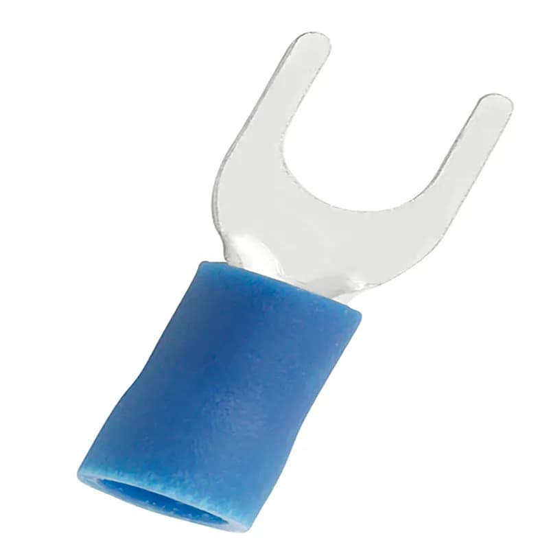 Panduit EV14-14FB-Q - StrongHold EV14-14FB-Q Contractor Grade Insulated Fork Terminals are a reliable and economical option that withstand a wide range of general-purpose applications. The fork design provides for fast and easy installation, without the need to remove fastener. Accommodates 16-14 AWG, compatible with 1/4" Stud (M6), are blue in color, and come in packages of 25.