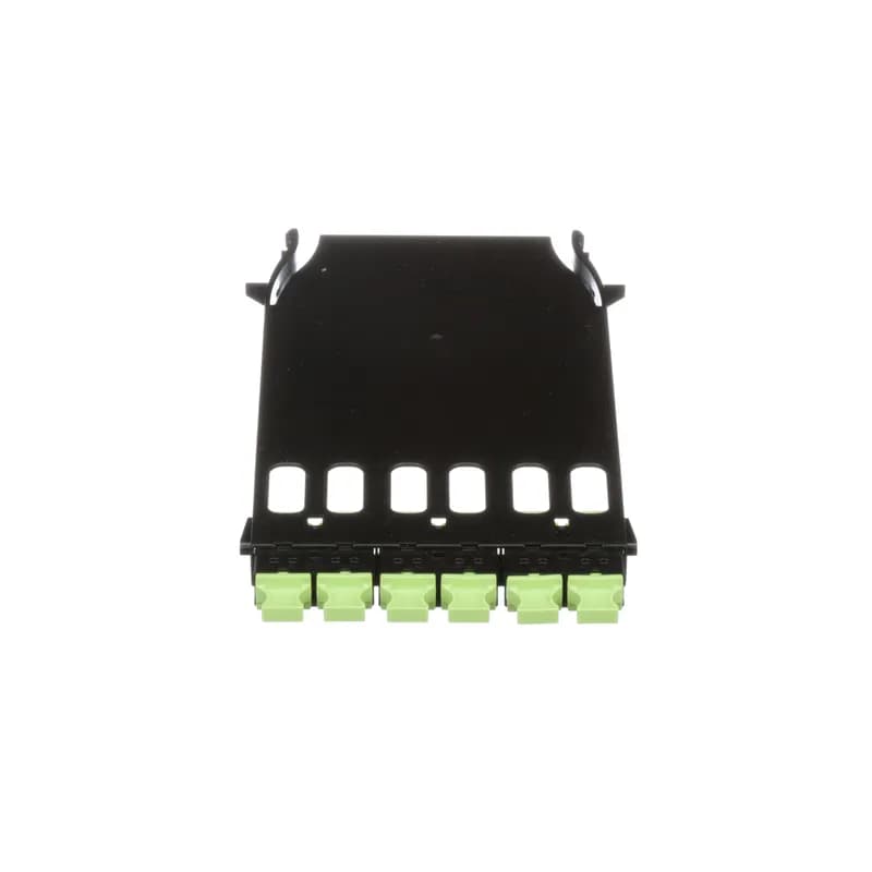 The HD Flex Fiber Adapter Panel features 6 MPO ports with type A adapters. It features key-up to key-down adapters and is black with lime green dust plugs.