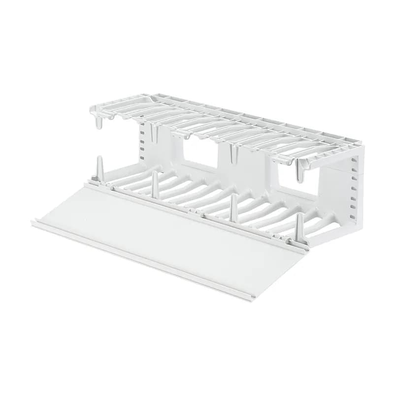 The NetManager High Capacity Horizontal Cable Manager cost-effectively organizes and protects copper and fiber network cabling in any standard EIA 19 inch (483mm) rack or cabinet. Large front finger openings easily accommodate Cat 6 and 6A cables, reducing installation time and maintenance costs. The single-sided manager is 3 RU and has a hinged front cover only. The manager is white.