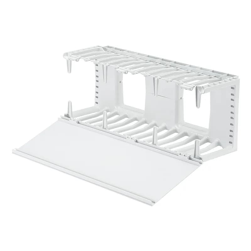 The NetManager High Capacity Horizontal Cable Manager cost-effectively organizes and protects copper and fiber network cabling in any standard EIA 19 inch (483mm) rack or cabinet. Large front finger openings easily accommodate Cat 6 and 6A cables, reducing installation time and maintenance costs. The single-sided manager is 3 RU and has a hinged front cover only. The manager is white.