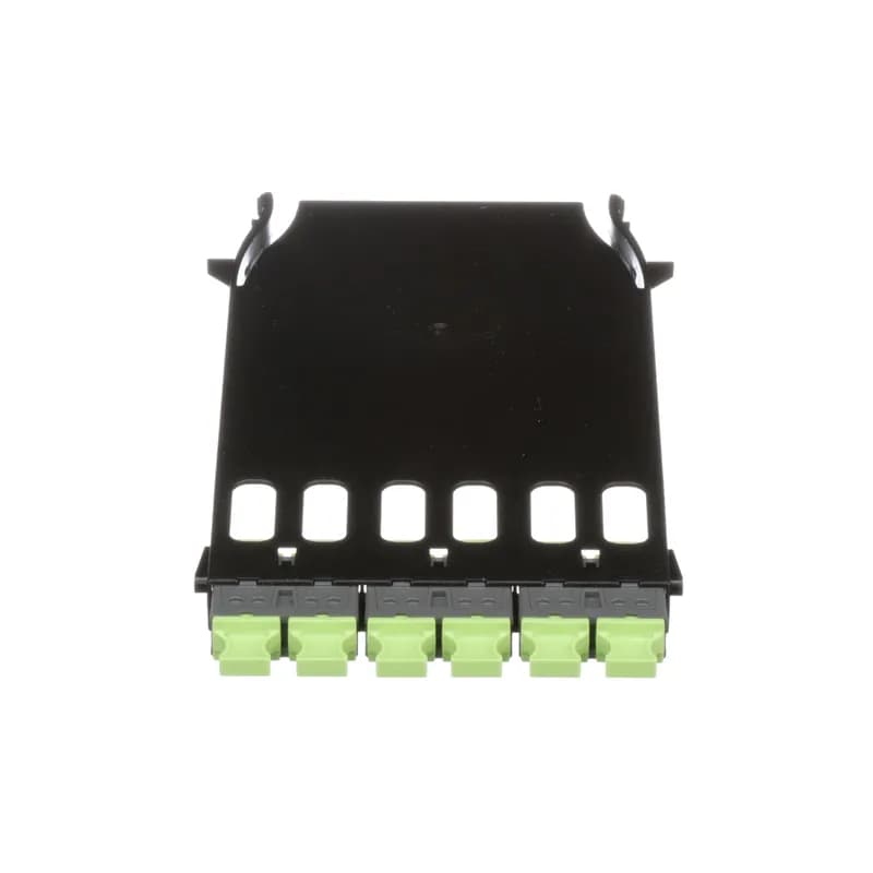 The HD Flex Fiber Adapter Panel features 6 MPO ports with type B adapters. It features key-up to key-up adapters and is charcoal gray with lime green dust plugs.