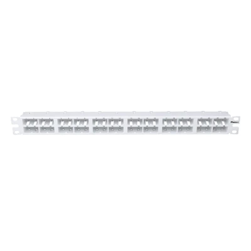 The Mini-Com High Density Modular Patch Panel accepts up to 48 Mini-Com Modules for unshielded applications in 1 RU and mounts to 19 inch and 23 inch racks and cabinets. The patch panel is white.