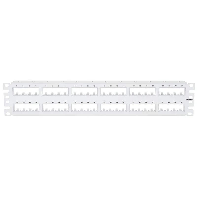 The Mini-Com Flush Mount Modular Patch Panel accepts up to 48 Mini-Com Modules for unshielded applications in 2 RU, and mounts to 19 inch and 23 inch racks and cabinets. The patch panel mounts flush with the rack and can be identified with adhesive labels and is white.
